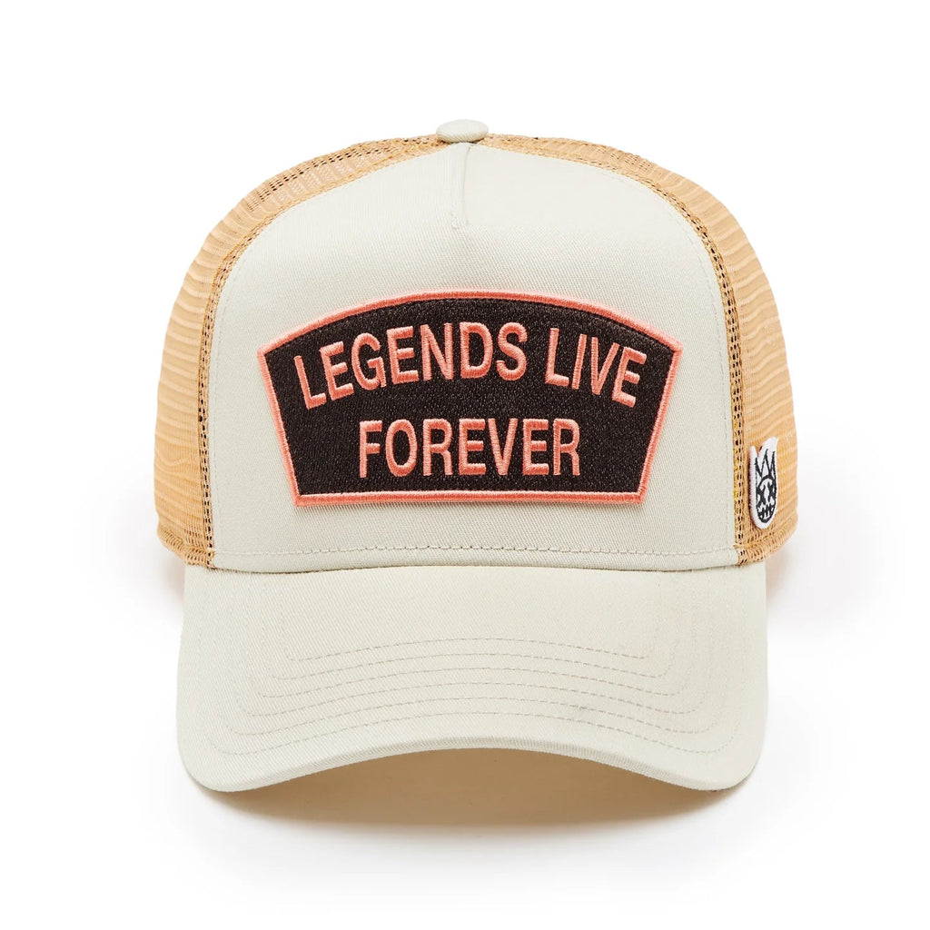 Cult's Logo Mesh Back Trucker Hat "Legends Live Forever" in White Swan 625BC-CH71A