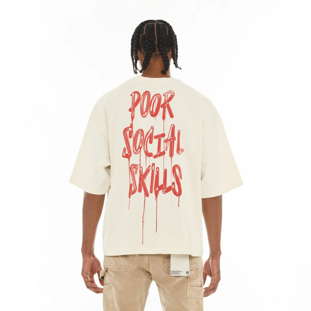 Cult's Oversized Short Sleeve Crew Neck Tee "Poor Social Skills" in Winter White 626A2-K36A