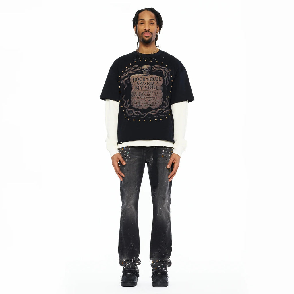Cult's Long Sleeve Layered Thermal Tee "Rock N Roll Saved My Soul" In Black  626B8-LST72A