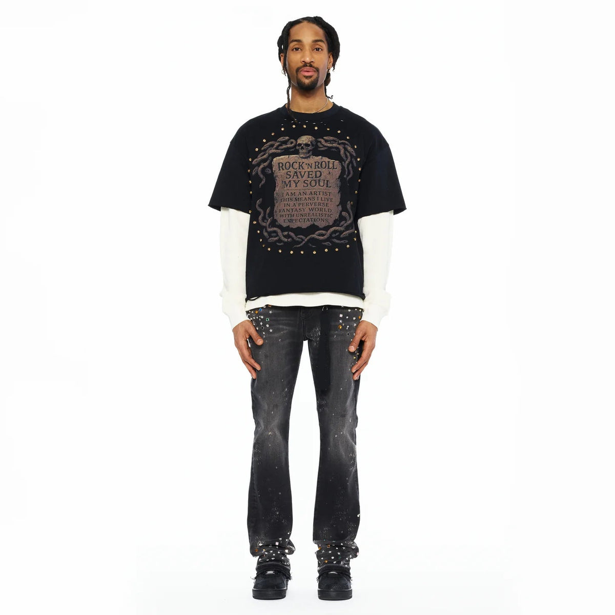 Cult's Long Sleeve Layered Thermal Tee "Rock N Roll Saved My Soul" In Black  626B8-LST72A