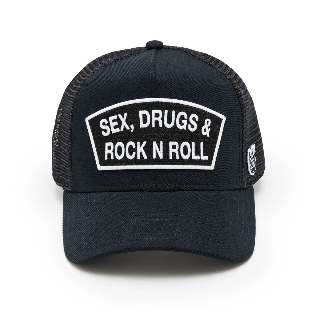 Cult's Logo Mesh Back Trucker Hat "Sex Drugs Rock N Roll" in Black 625BC-CH82A
