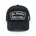 Cult's Logo Mesh Back Trucker Hat "Sex Drugs Rock N Roll" in Black 625BC-CH82A