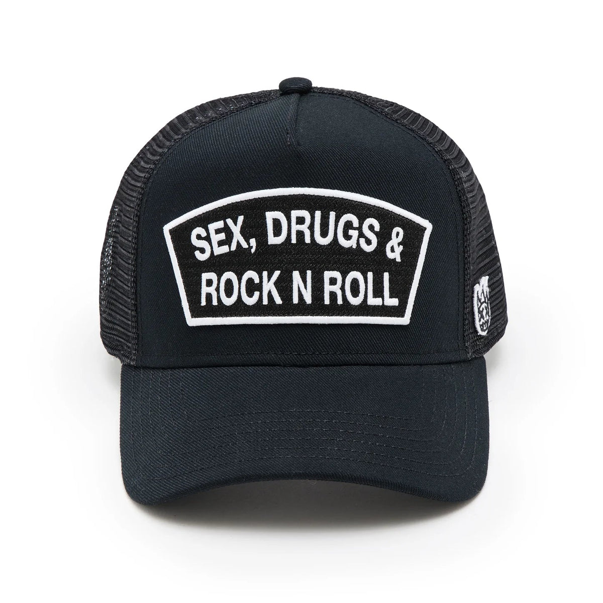 Cult's Logo Mesh Back Trucker Hat "Sex Drugs Rock N Roll" in Black 625BC-CH82A