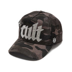 Cult's Mesh Back Trucker Hat "Old English Crystal Logo" In Black Camo 626BC-CH71A