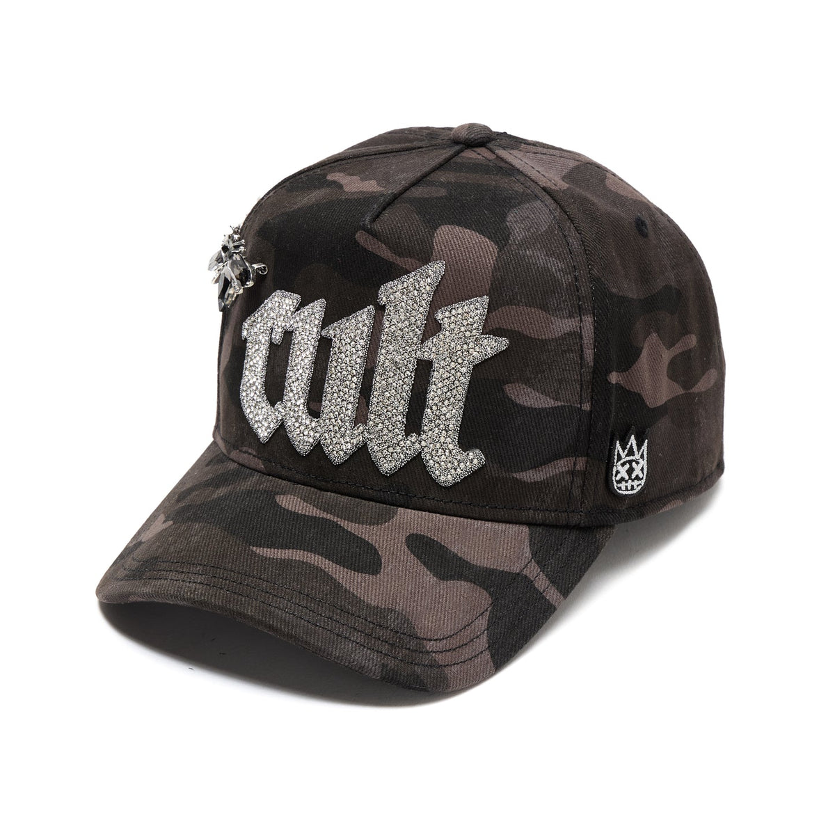 Cult's Mesh Back Trucker Hat "Old English Crystal Logo" In Black Camo 626BC-CH71A