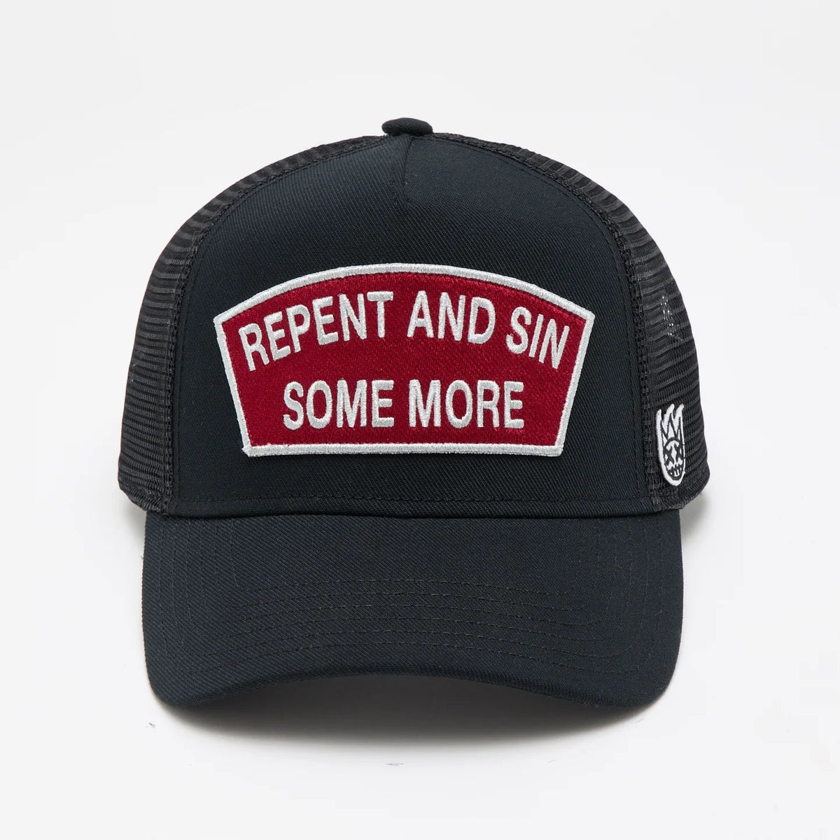 Cult's Logo Mesh Back Trucker Hat "Repent And Sin Some More" in Black  625BC-CH78A