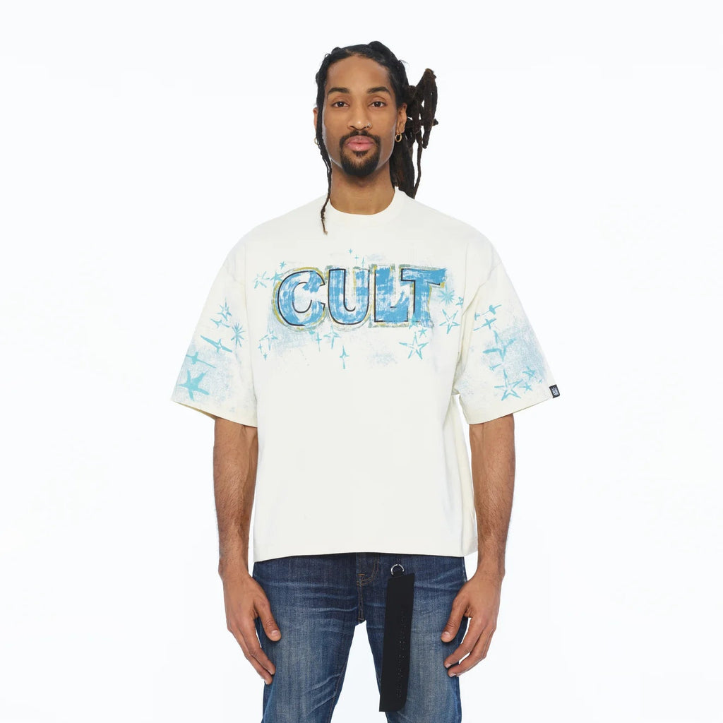 Cult's Oversized Short Sleeve Crew Neck Tee "Stars" 260 Grams In Winter White  626B10-K28A