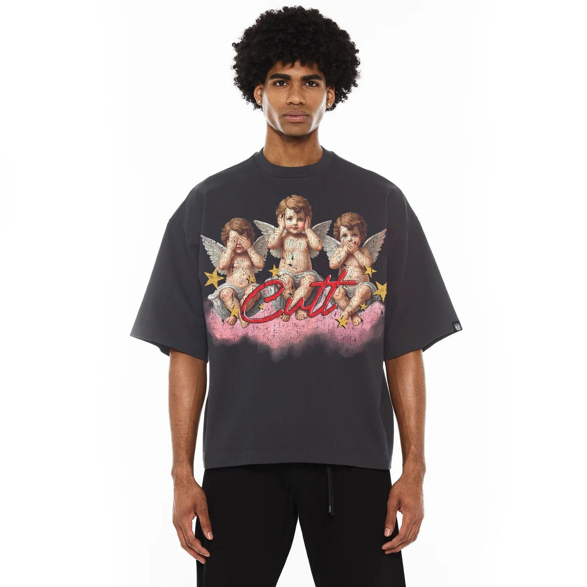 Cult's Oversized Heavyweight Boxy Short Sleeve Crew Neck Tee "Cherubs" in Vintage Charcoal 625B7-K29A-XS