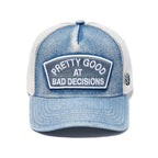 Cult's Mesh Trucker Hat "Good At Bad Decisions" In Denim  626AC-CH74A