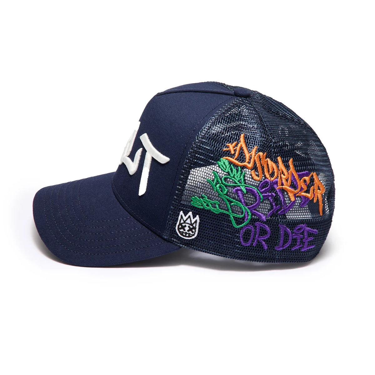 Cult's Mesh Back Trucker Hat "Graffiti" In Midnight Blue  626AC-CH66A