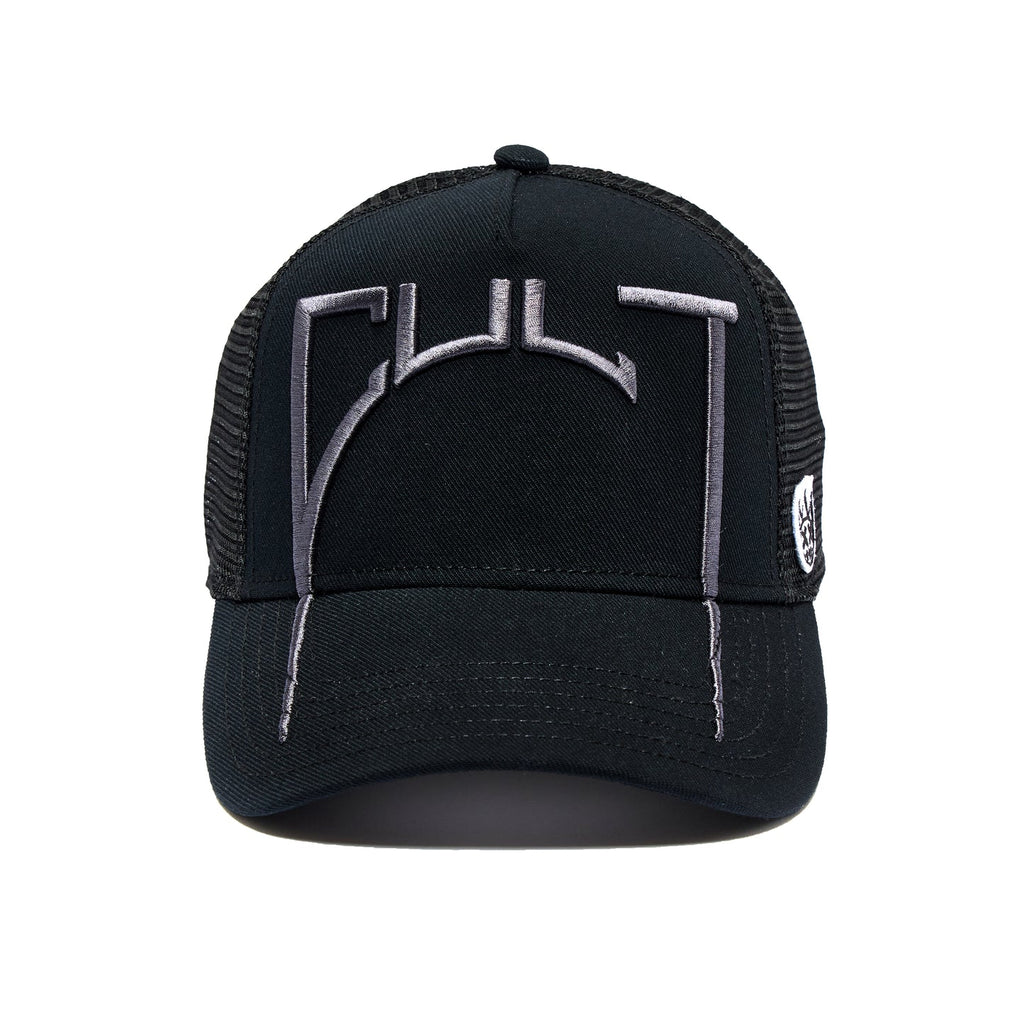 Cult's Arch Logo Mesh Back Trucker Hat in BlackCult's Arch Logo Mesh Back Trucker Hat in Black