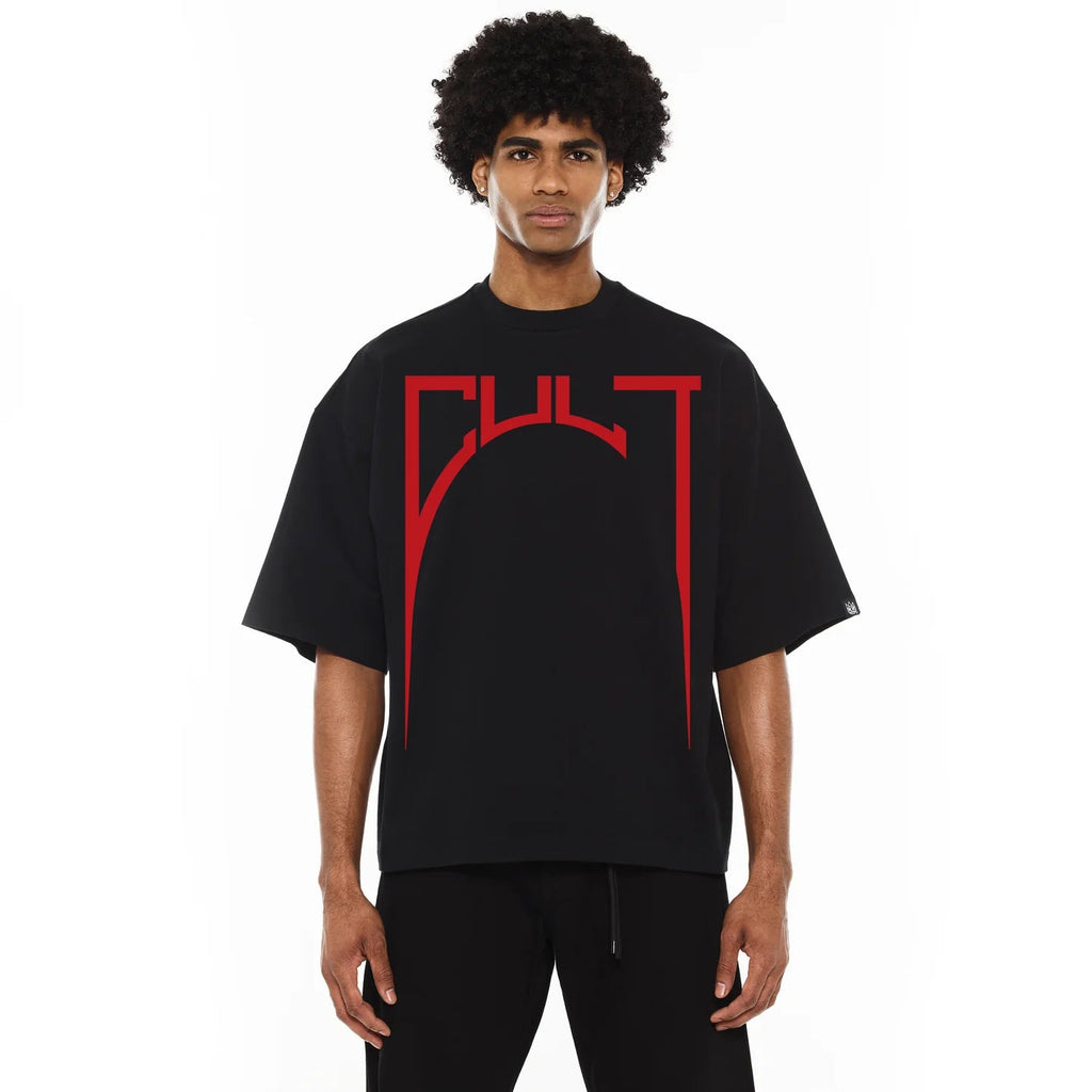 Cult's Oversized Heavyweight Boxy Fit Short Sleeve Crew Neck Tee "Arch Logo" in Black  625B12-K34A-XS