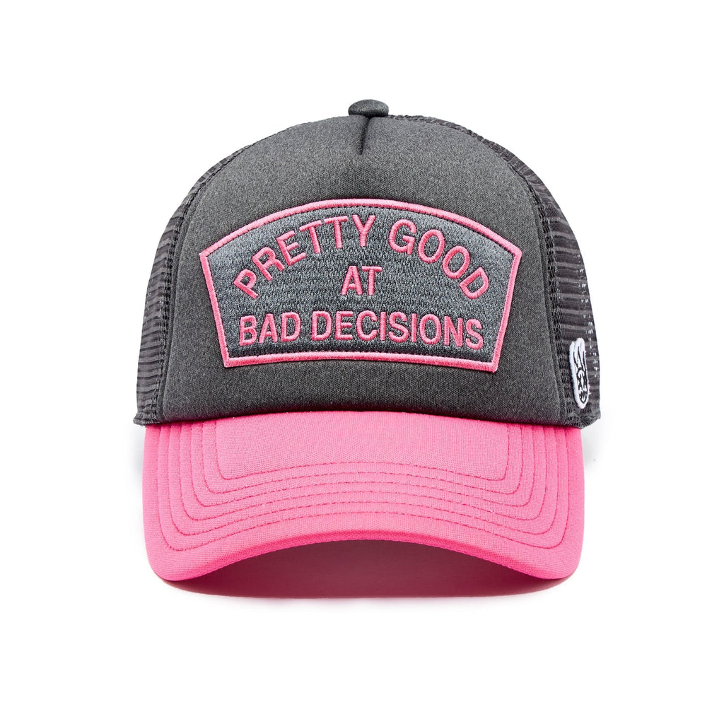Cult's "Good At Bad Decisions" Mesh Back Trucker Hat in Steel