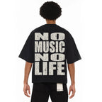 Cult's Oversized Heavyweight Boxy Short Sleeve Crew Neck Tee "No Music No Life" in Black 625B10-K40A