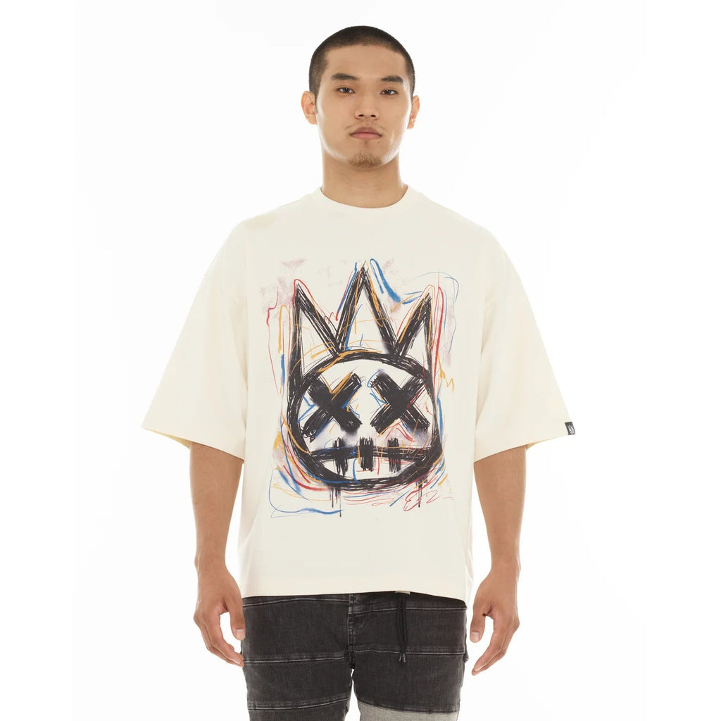Cult's Oversized Short Sleeve Crew Neck Tee "Scribble Logo" in Winter White S626A5-K39A