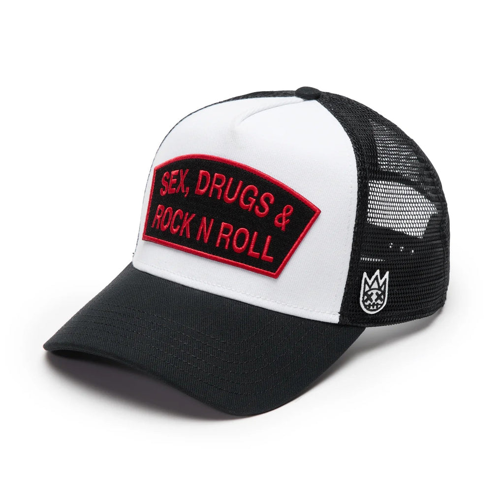 Cult's Logo Mesh Back Trucker Hat "Sex Drugs Rock N Roll" in White 625BC-CH54A