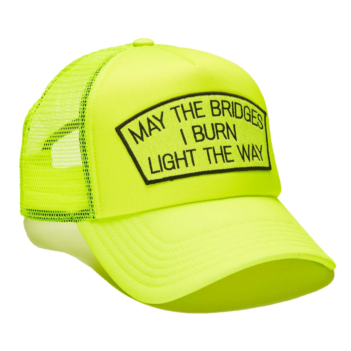 "MAY THE BRIDGES I BURN" MESH BACK TRUCKER HAT IN NEON YELLOW