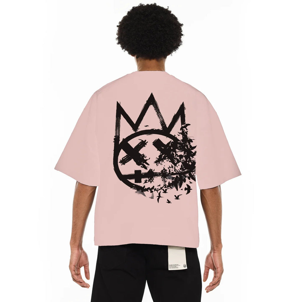 Cult's Oversized Heavyweight Boxy Short Sleeve Crew Neck Tee "Flocking Birds" in Silver Pink 625B9-K48A