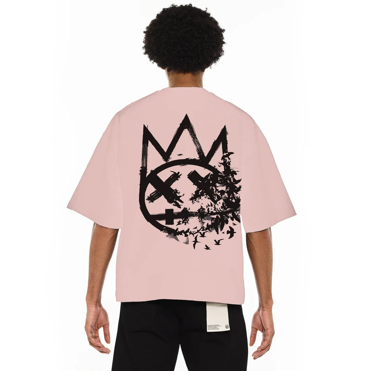 Cult's Oversized Heavyweight Boxy Short Sleeve Crew Neck Tee "Flocking Birds" in Silver Pink 625B9-K48A
