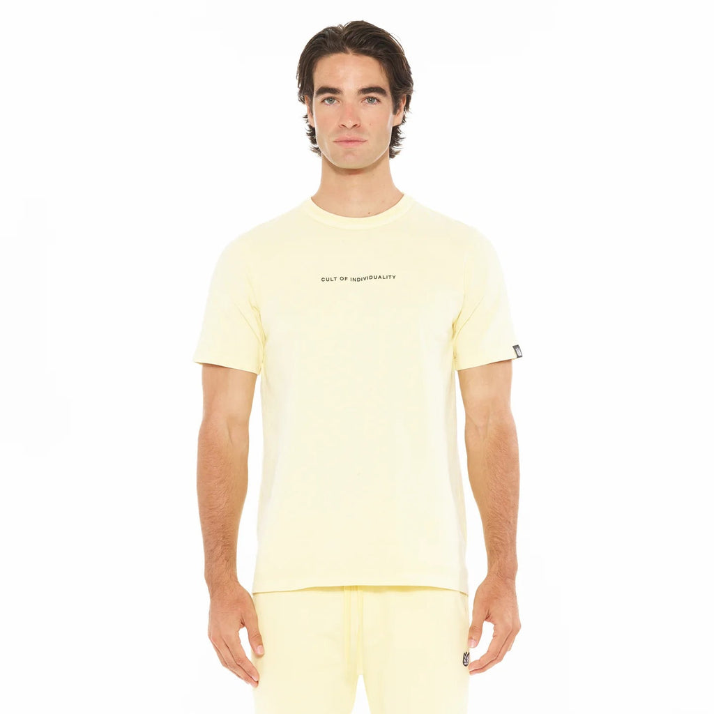 Short Sleeve Crew Neck Tee "Shimuchan" Logo in Banana