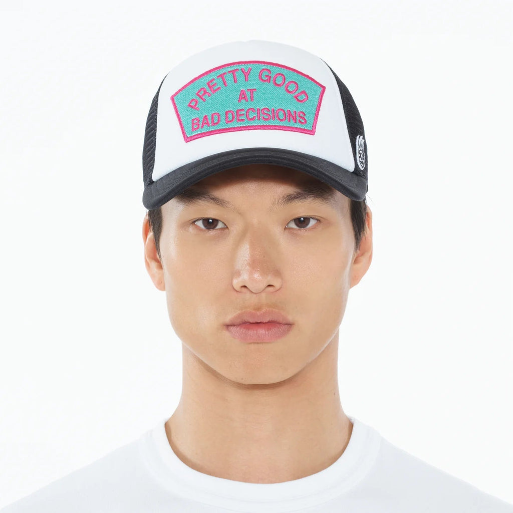 Cult's "Good At Bad Decisions" Mesh Back Trucker Hat in White