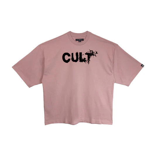 Cult's Oversized Heavyweight Boxy Short Sleeve Crew Neck Tee "Flocking Birds" in Silver Pink 625B9-K48A