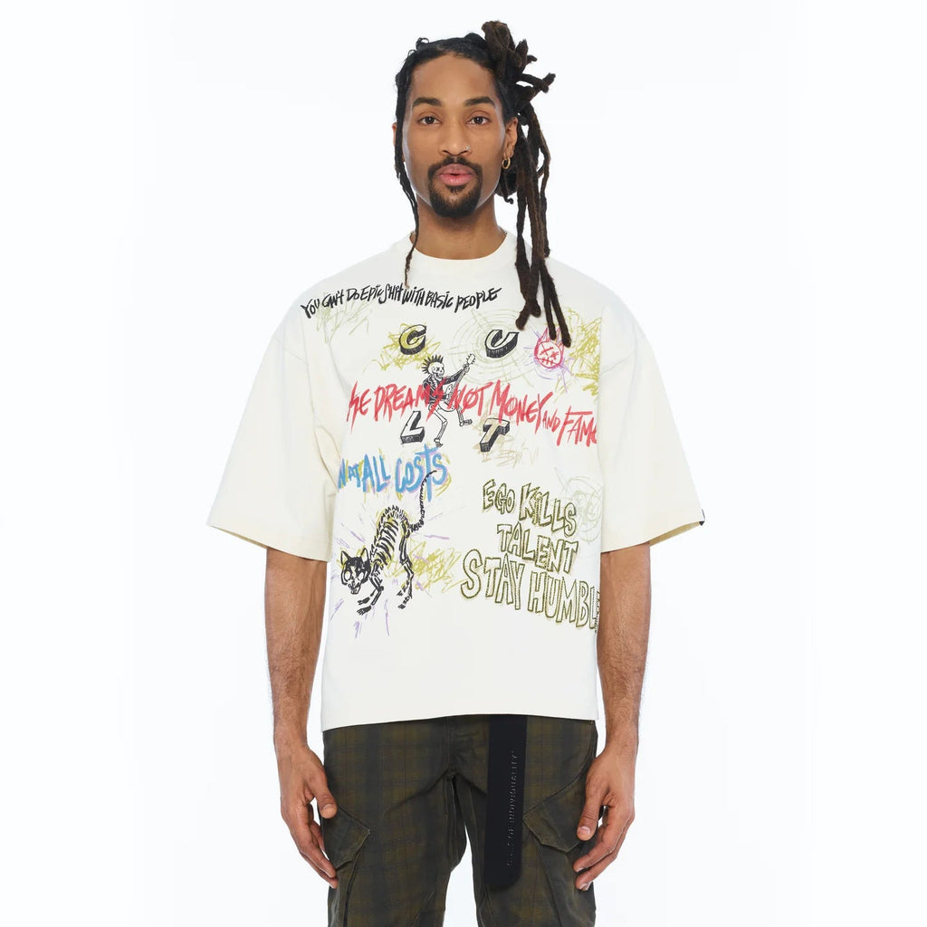 Cult's Oversized Short Sleeve Crew Neck Tee "Graffiti" 260 Grams In Winter White  626B8-K34A