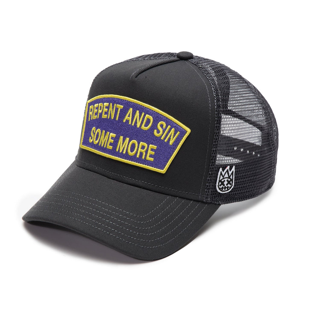 Cult's Logo Mesh Back Trucker Hat "Repent And Sin Some More" in Forged Iron 625BC-CH73A