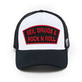 Cult's Logo Mesh Back Trucker Hat "Sex Drugs Rock N Roll" in White 625BC-CH54A