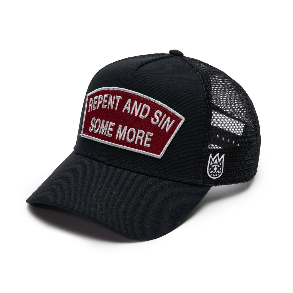 Cult's Logo Mesh Back Trucker Hat "Repent And Sin Some More" in Black  625BC-CH78A