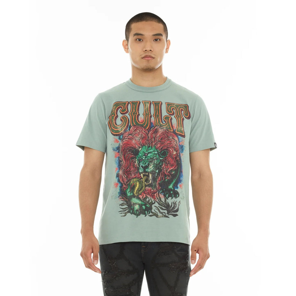 Cult's Heavyweight Short Sleeve Crew Neck Tee "Lion" in Granite Green 626A4-K49A