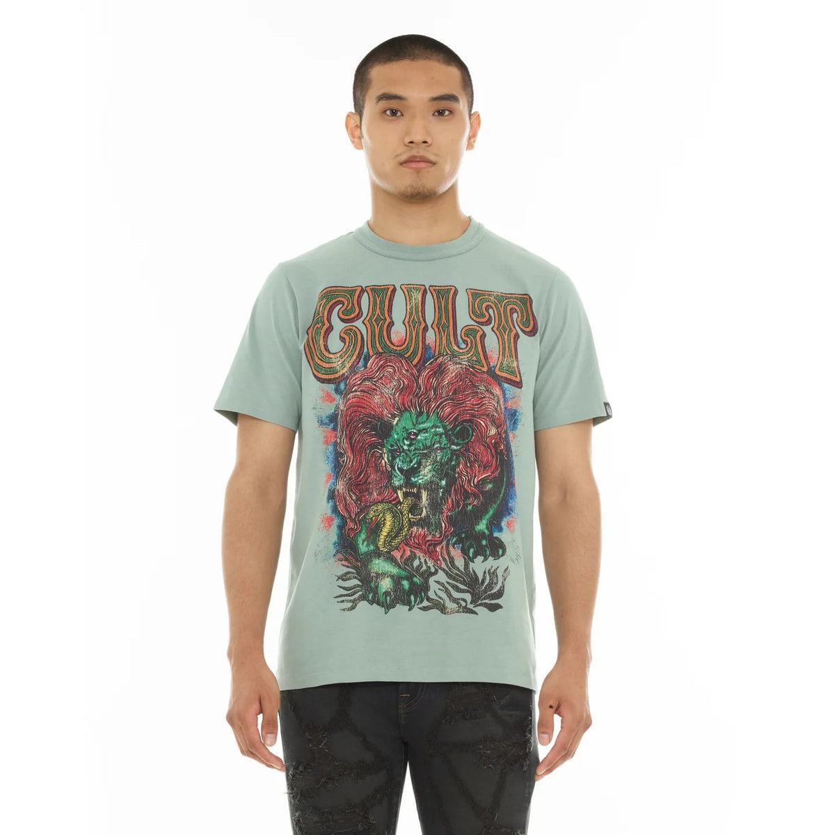 Cult's Heavyweight Short Sleeve Crew Neck Tee "Lion" in Granite Green 626A4-K49A