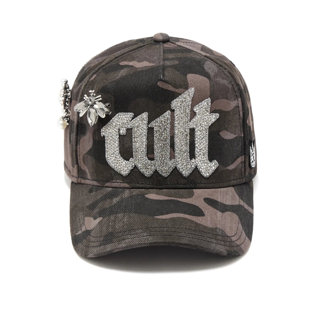 Cult's Mesh Back Trucker Hat "Old English Crystal Logo" In Black Camo 626BC-CH71A