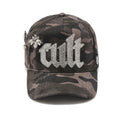 Cult's Mesh Back Trucker Hat "Old English Crystal Logo" In Black Camo 626BC-CH71A