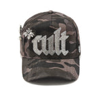 Cult's Mesh Back Trucker Hat "Old English Crystal Logo" In Black Camo 626BC-CH71A