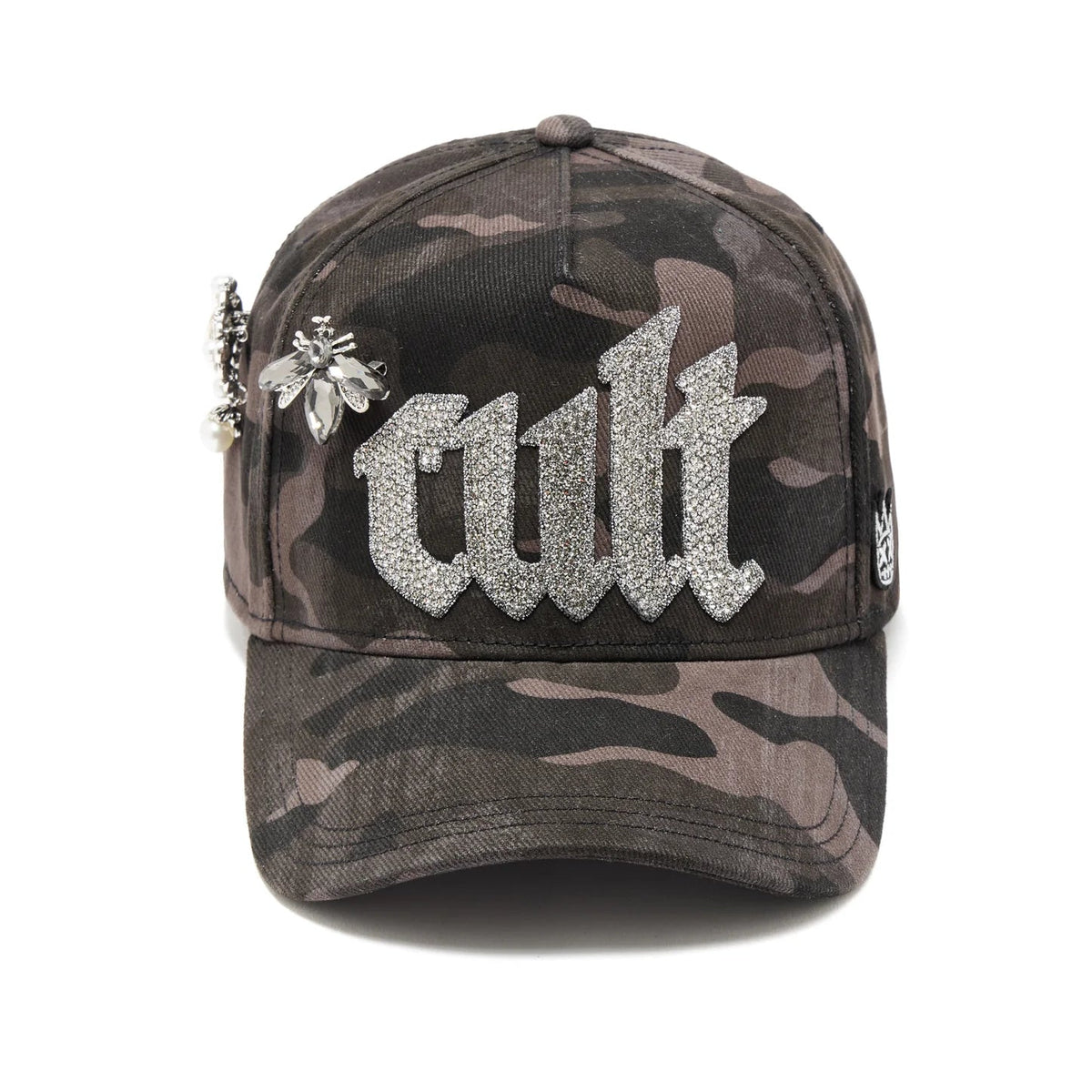 Cult's Mesh Back Trucker Hat "Old English Crystal Logo" In Black Camo 626BC-CH71A