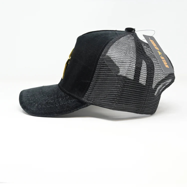 Star Logo Black Trucker Hat Golden