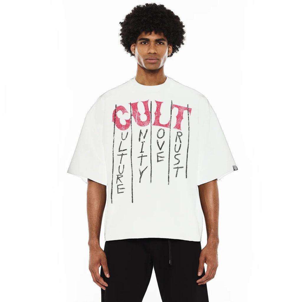 Cult's Oversized Heavyweight Boxy Short Sleeve Crew Neck Tee "C.U.L.T." in White 625B9-K32A