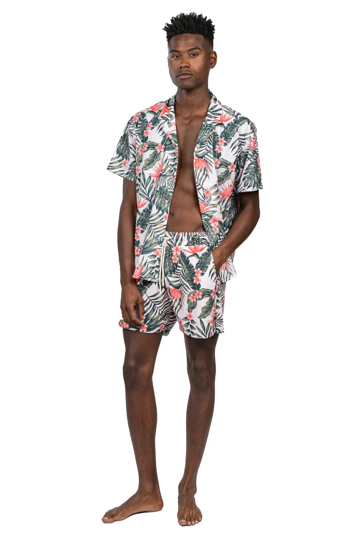 LEAF PRINT VOLLEY SHORT - GREEN PINK