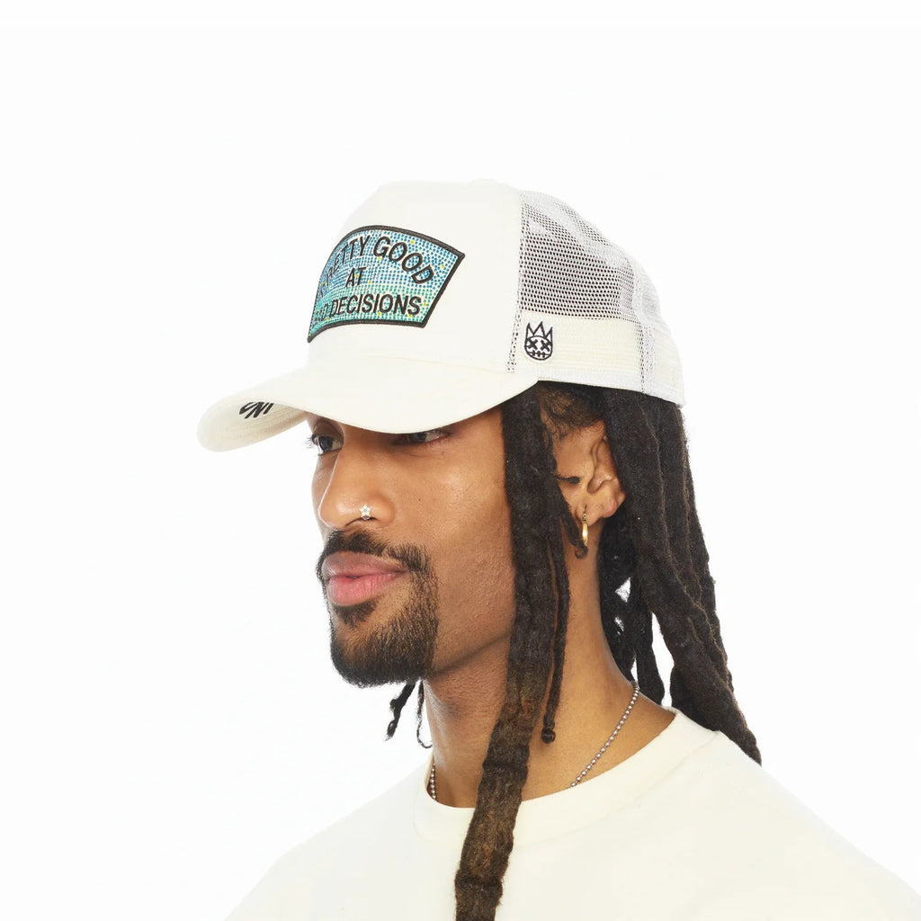 Cult's Mesh Back Trucker Hat "Pretty Good At Bad Decisions" In Winter White  626BC-CH76A