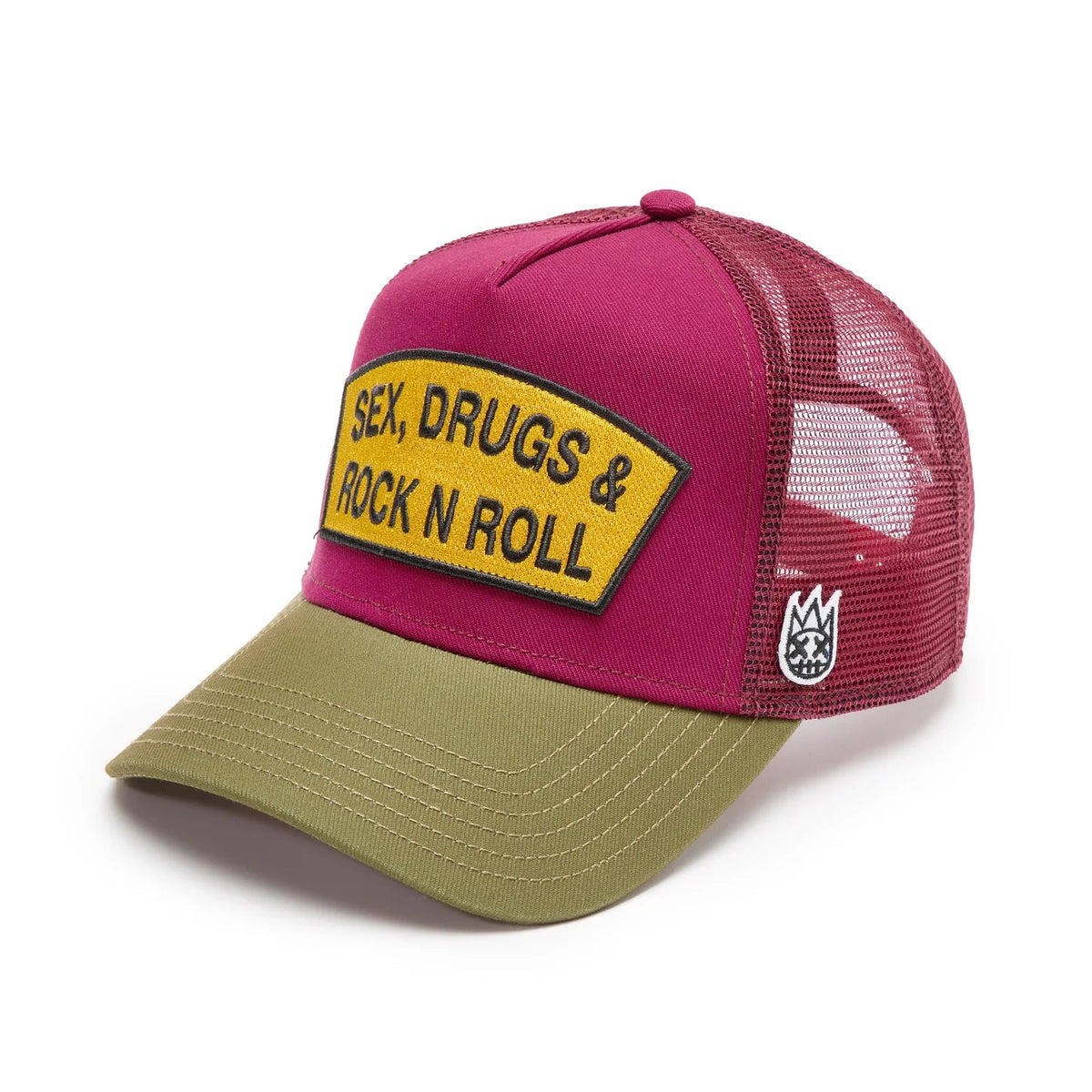 Cult's Logo Mesh Back Trucker Hat "Sex Drugs Rock N Roll" in Rumba Red 625BC-CH102A-ONE