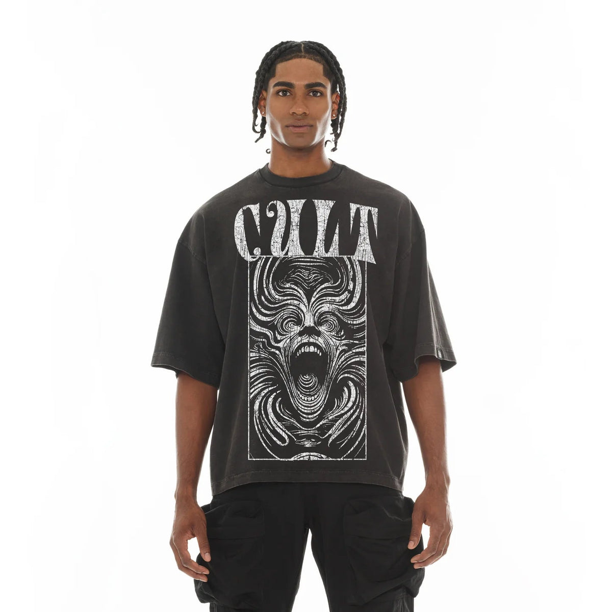 Cult's Oversized Short Sleeve Crew Neck Tee "Lose Your Mind" in Vintage Charcoal  626A5-K25A