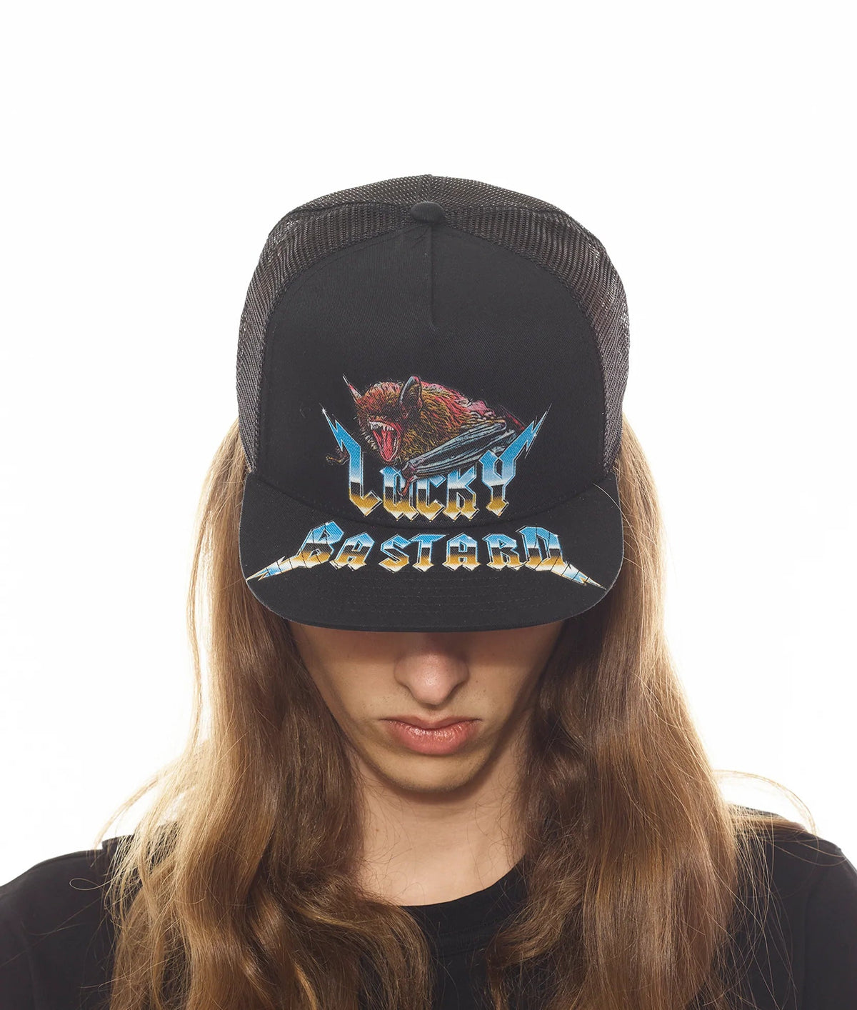 LUCKY BASTARD LOGO TRUCKER HAT IN BLACK