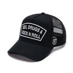 Cult's Logo Mesh Back Trucker Hat "Sex Drugs Rock N Roll" in Black 625BC-CH82A