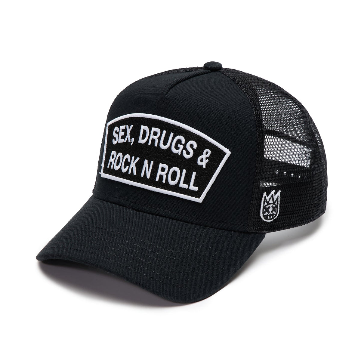 Cult's Logo Mesh Back Trucker Hat "Sex Drugs Rock N Roll" in Black 625BC-CH82A