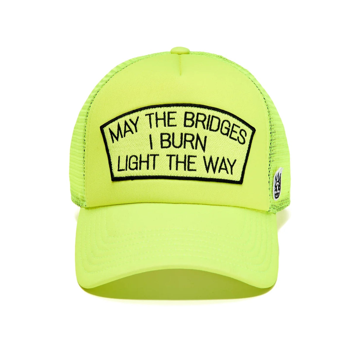 "MAY THE BRIDGES I BURN" MESH BACK TRUCKER HAT IN NEON YELLOW