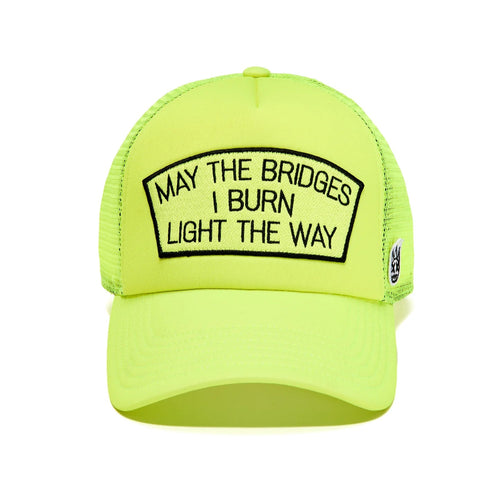 "MAY THE BRIDGES I BURN" MESH BACK TRUCKER HAT IN NEON YELLOW