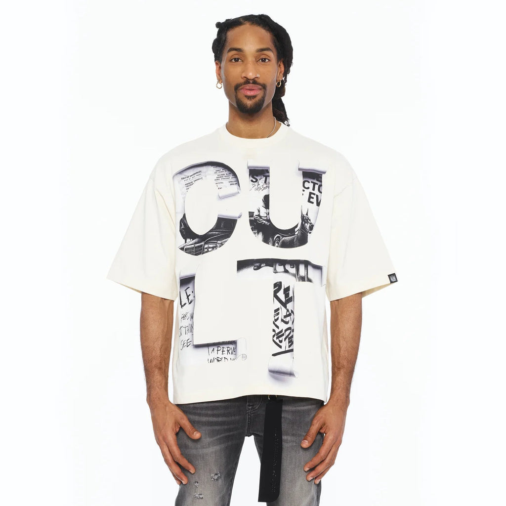 Cult's Oversized Short Sleeve Crew Neck Tee "Cult Newspaper" 260 Gr In Winter White  626B8-K29A