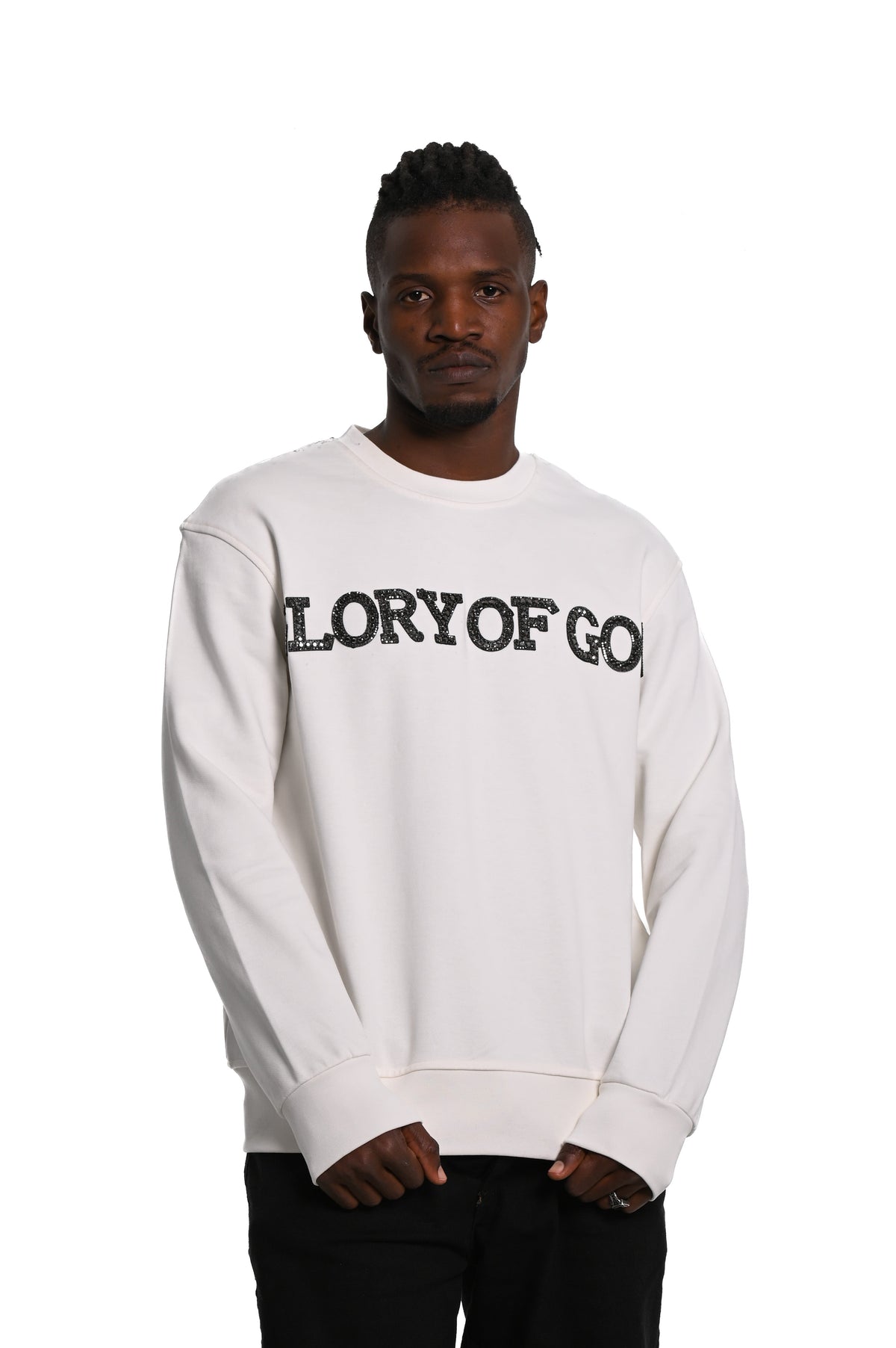 Glory of God Oversized Sweatshirt- White- rhinestones print