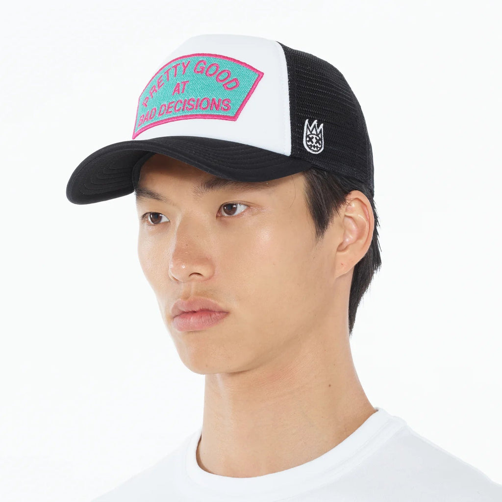 Cult's "Good At Bad Decisions" Mesh Back Trucker Hat in White